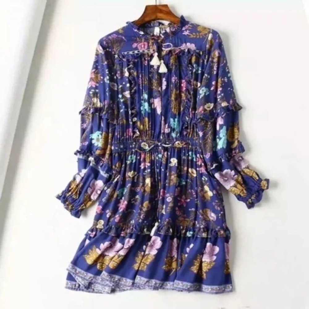 Floral Ruffle Long Sleeve Fall Boho Mini Dress - Picture 2 of 6